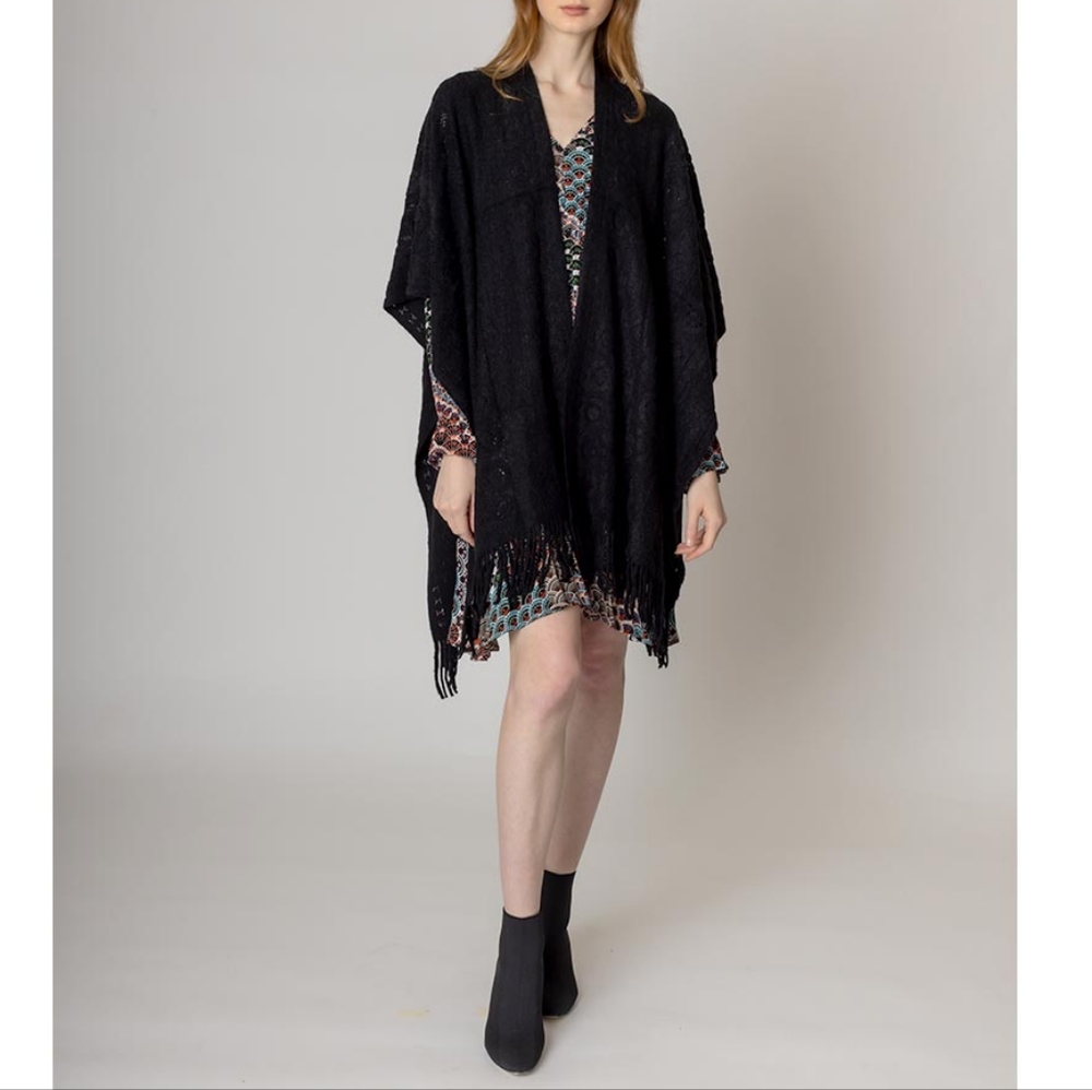 Black Crochet Shawl Fringe Poncho Scarf Sweater Open Front Cape Womens Wrap